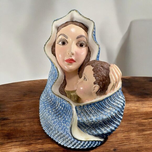 Chalkware Madonna And Child Wall Hanger Figurine Mounted Painted Vintage Decor - Picture 1 of 10